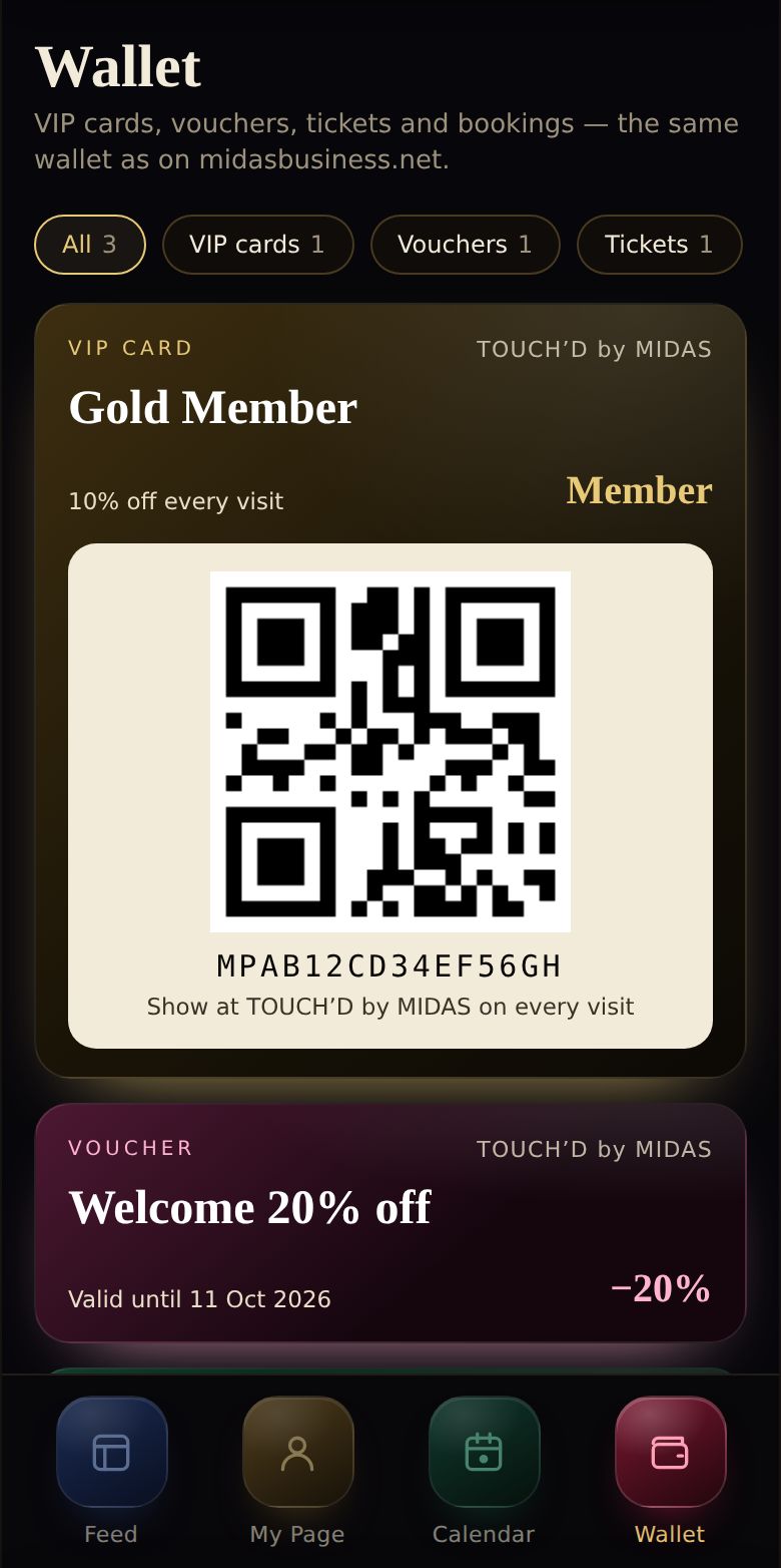 MIDAS app wallet with a VIP card